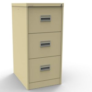 beige office filing cabinet with 3 drawers