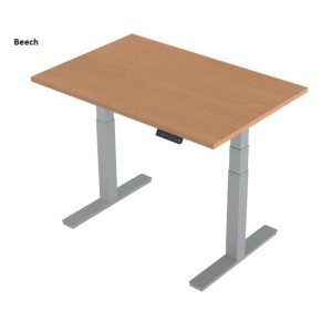 height adjustable desk with beech desk top and silver leg frame