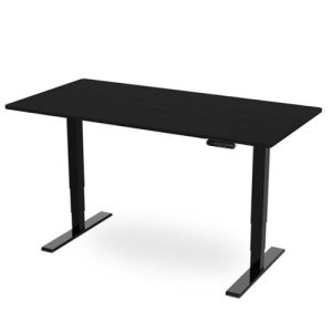 height adjustable desk with black desk top and black leg frame