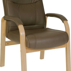 brown leather faced visitor chair with wooden frame