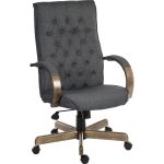 Traditional grey fabric office chair with buttoned back. Driftwood style arms and base