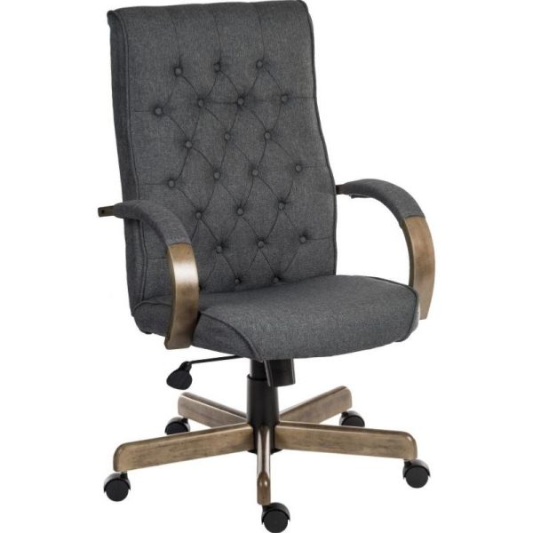 Traditional grey fabric office chair with buttoned back. Driftwood style arms and base
