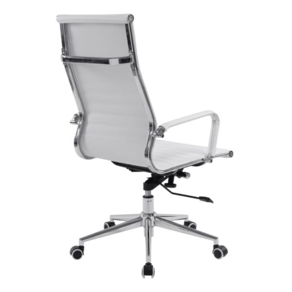 high back executive office chair in white leather and chrome frame. Back view