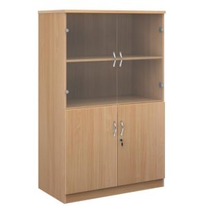 office combination cupboard with glass upper doors and wood doors below