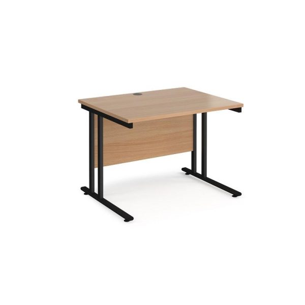 small straight office desk with beech desk top and black cantilever leg frame