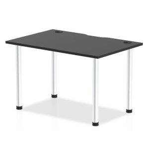office desk with black desk top and chrome legs