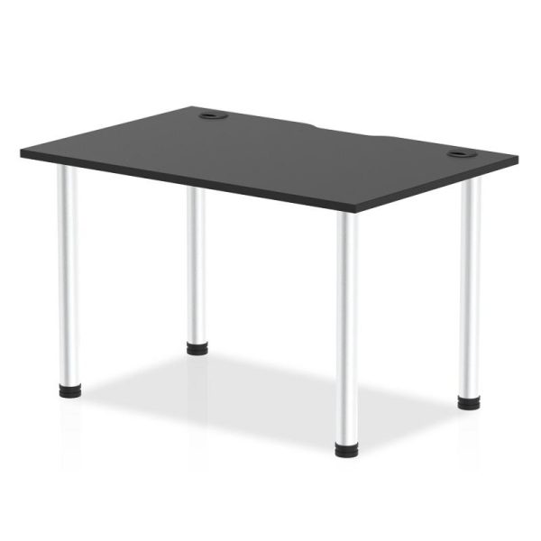 office desk with black desk top and chrome legs