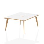 2 white bench desks back to back with white desk top and wood legs