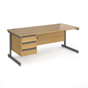 3 drawer pedestal desk in oak finish and graphite leg frame