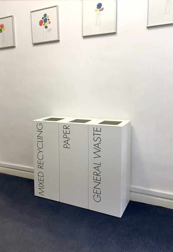 white office recycling bins with black lettering for Mixed Recycling, Paper and General Waste