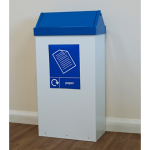 white office recycling bin with blue swing top and Paper sticker