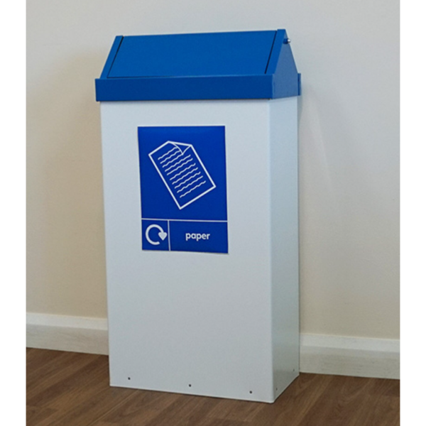 white office recycling bin with blue swing top and Paper sticker