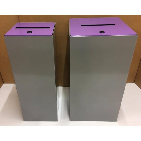 lockable office recycling bins in silver finish with purple tops