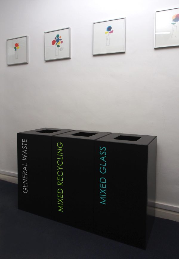 office recycling bins black with coloured lettering for General Waste, Mixed Recycling and Mixed Glass