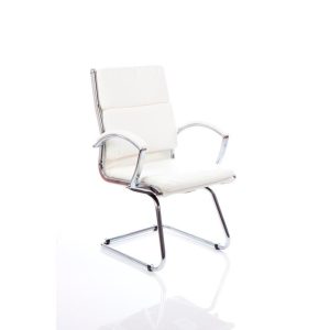 visitor chair in white leather and chrome cantilever frame