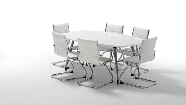 white boardroom table in high gloss finish and 6 white meeting chair
