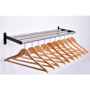 wall mounted coat rails in silver finish with wooden captive hangers