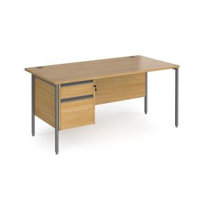 h frame pedestal desk in oak with graphite leg frame