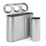 stainless steel office recycling bin with top open and liner infront