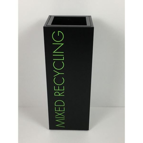 black office recycling bin with green lettering Mixed Recycling