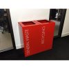 red office recycling bins with white lettering. 1 with General Waste and 1 with Recycling