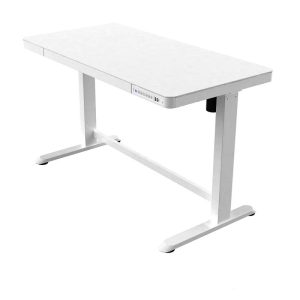 Height adjustable desk with white desk top and silver frame