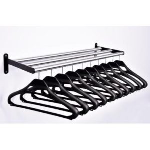 wall mounted coat rack in silver finish with black captive hangers