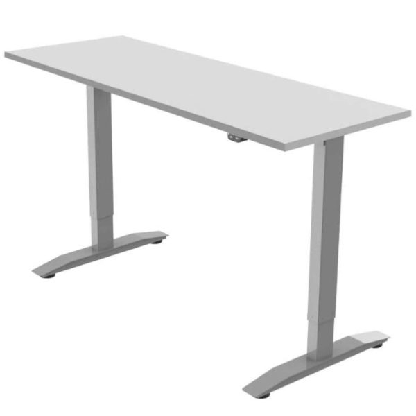 height adjustable desk with light grey desk top and silver leg frame