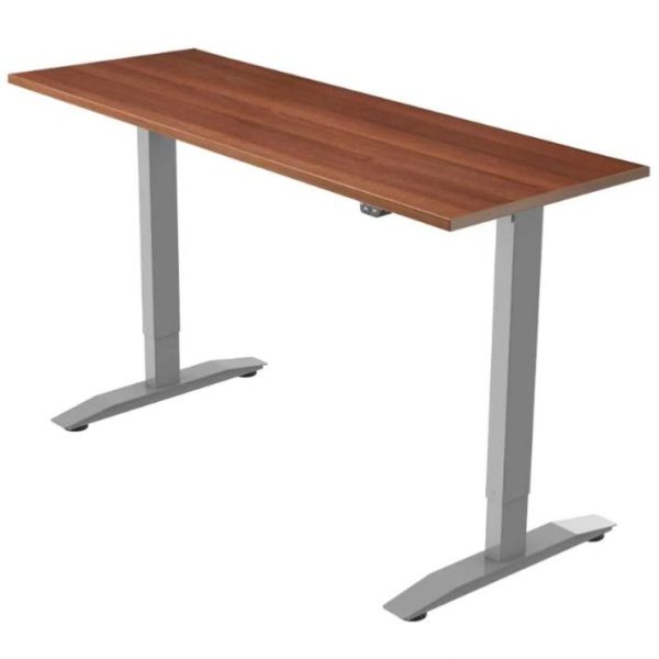 height adjustable desk with walnut desk top and silver leg frame