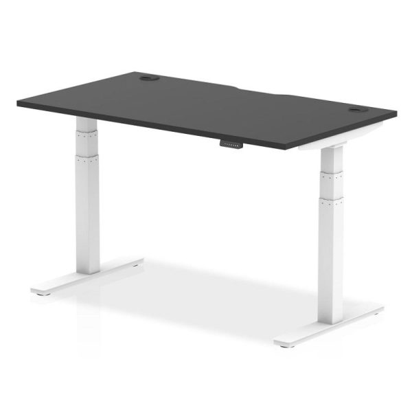 height adjustable desk with black top and white leg frame
