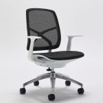 contemporary office chair with black mesh back and seat with white frame