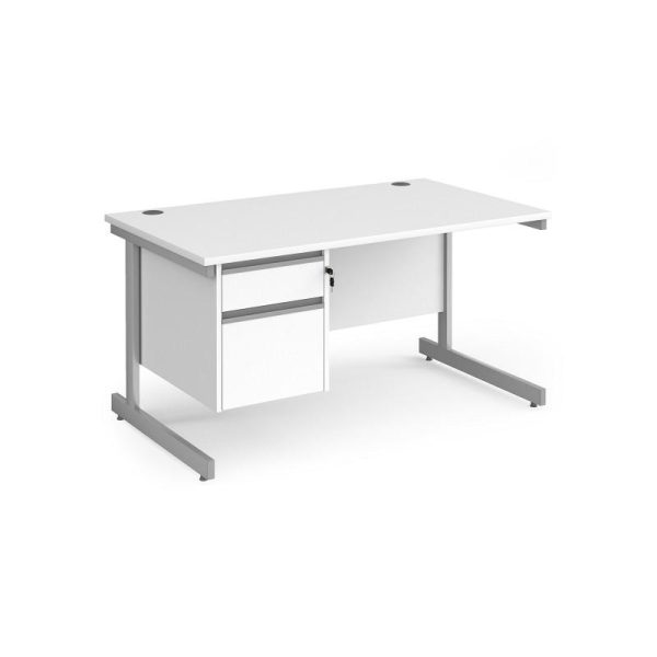 desk with filing pedestal in white finish and silver leg frame