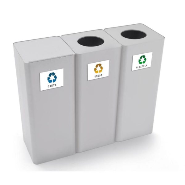 row of 3 silver smart office recycling bins.