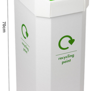 Cardboard office recycling bin with green lettering