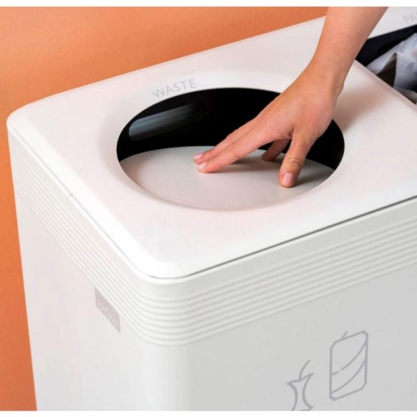 top view of white office recycling bin with push top flap