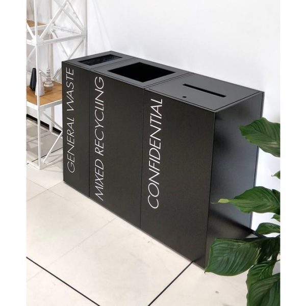 3 back office recycling bins with white lettering General Waste, Mixed Recycling and Confidential