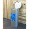circular Confidential paper office recycling bin with open lockable top. Silver with Blue Confidential Paper sticker